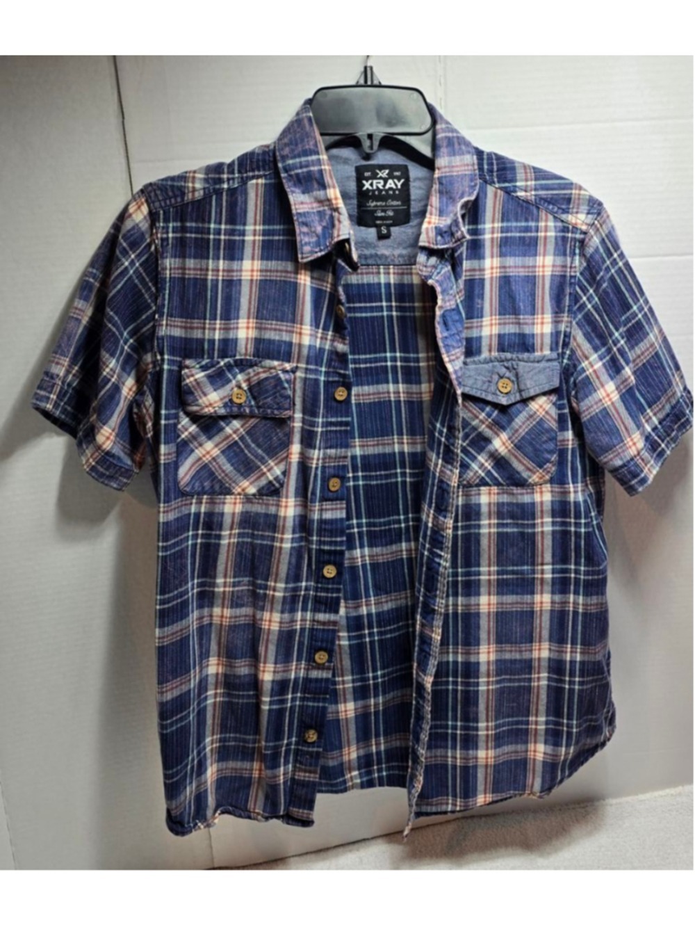Men's XRAY JEANS Blue Plaid Short Sleeve Casual Button Down Shirt S
